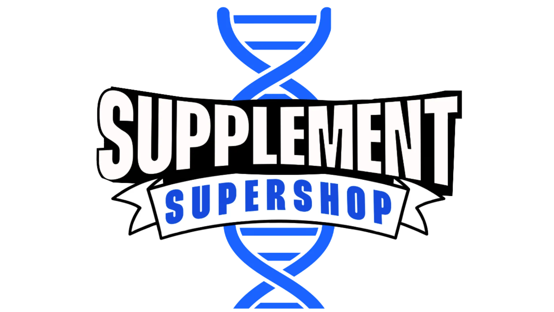 Supplement Super Shop logo with blue DNA helix on white background