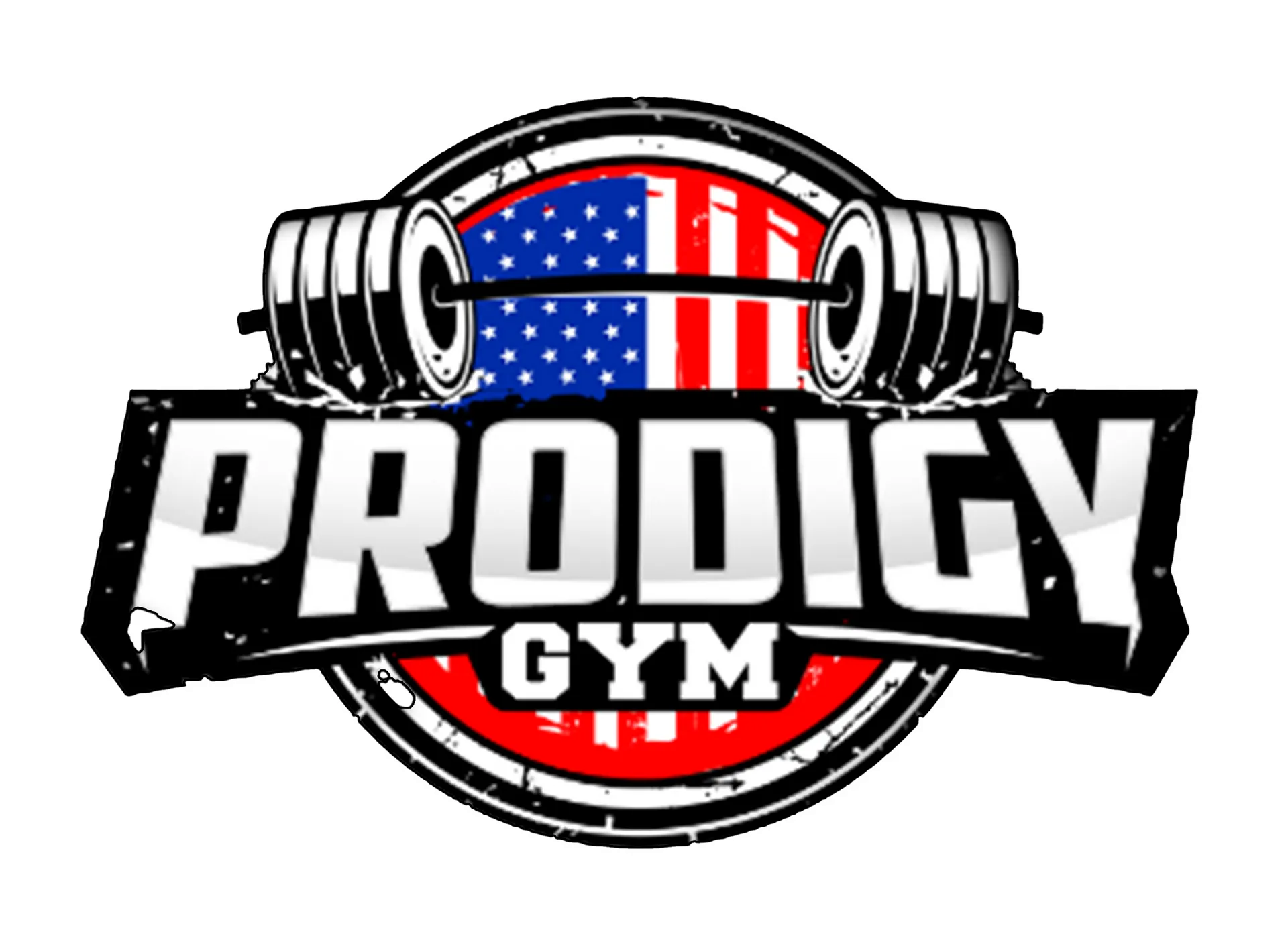 Prodigy Gym logo with barbell, black, white, and red American flag design