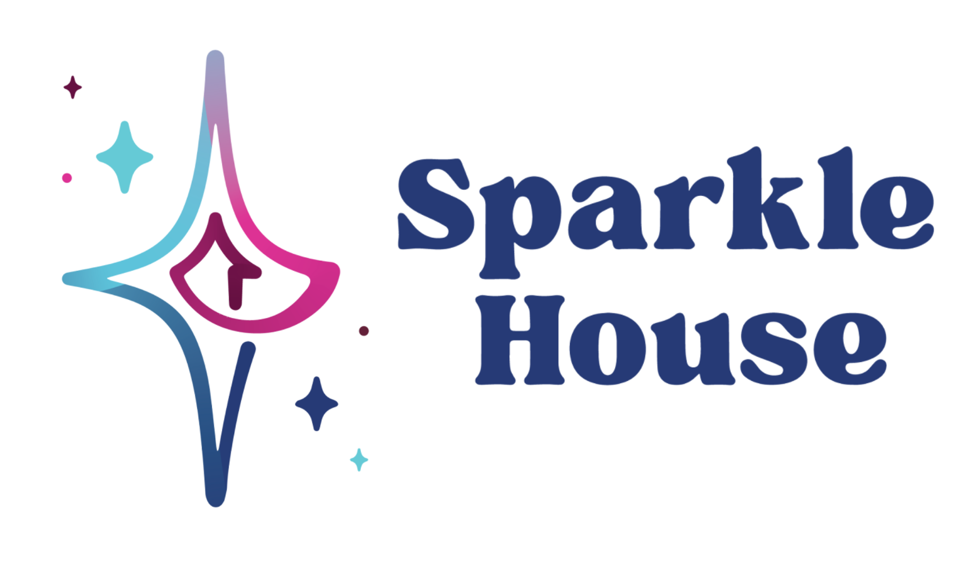 Logo: abstract star with pink, teal, and blue elements, beside the words 