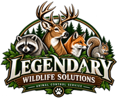 Legendary Wildlife Solutions logo with deer, raccoon, fox, squirrel and forest backdrop