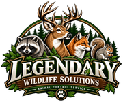 Legendary Wildlife Solutions logo with deer, raccoon, fox, squirrel and forest backdrop