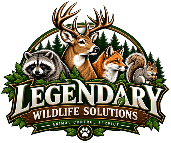 Legendary Wildlife Solutions logo with deer, raccoon, fox, squirrel and forest backdrop