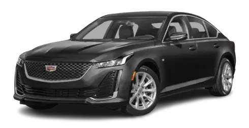 A black cadillac ct5 is shown on a white background.