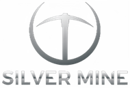 A silver mine logo with a pickaxe in a circle