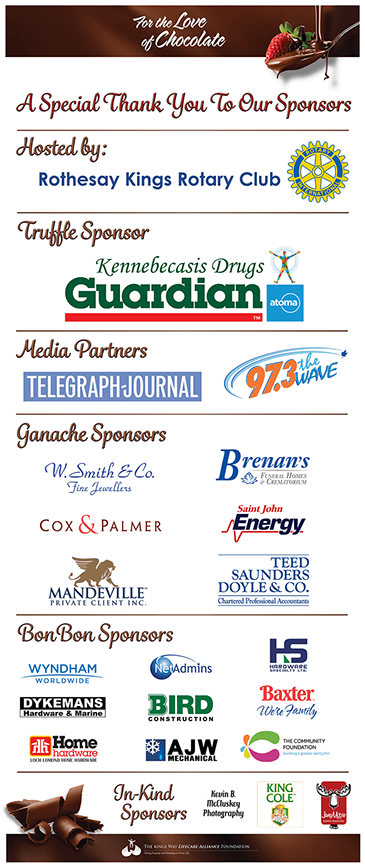 2017 for the love of chocolate fundraising event sponsors, kings way lifecare alliance, quispamsis, nb