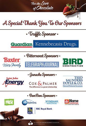 2015 for the love of chocolate fundraising event sponsors, kings way lifecare alliance, quispamsis, nb