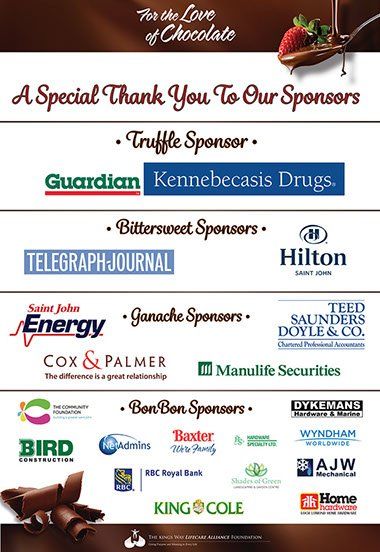 2016 for the love of chocolate fundraising event sponsors, kings way lifecare alliance, quispamsis, nb