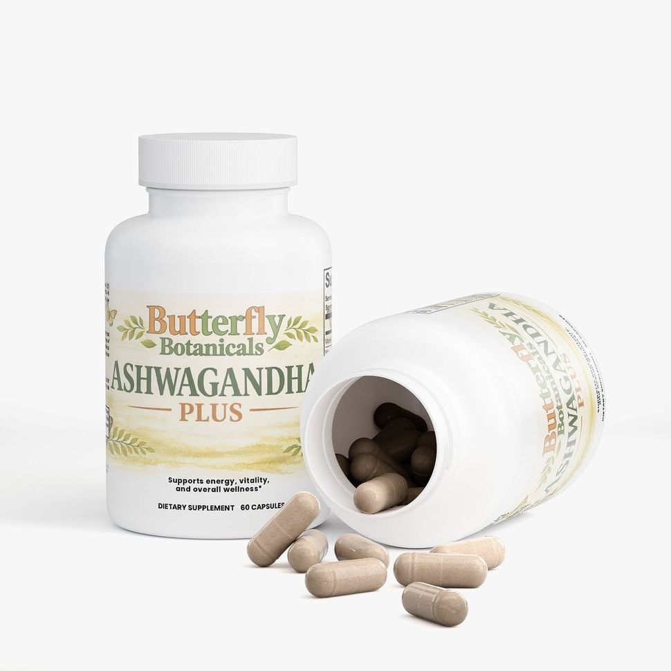 Butterfly Botanicals Ashwagandha Plus supplement bottle with capsules spilled beside it