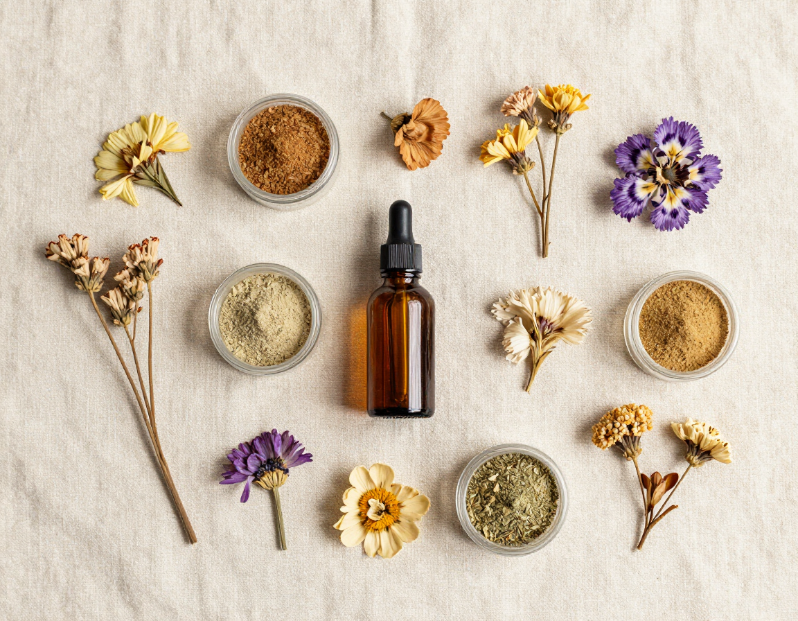 Holistic botanical products Sioux Falls â dried botanicals, amber glass bottles, and herbal textures on a linen surface.