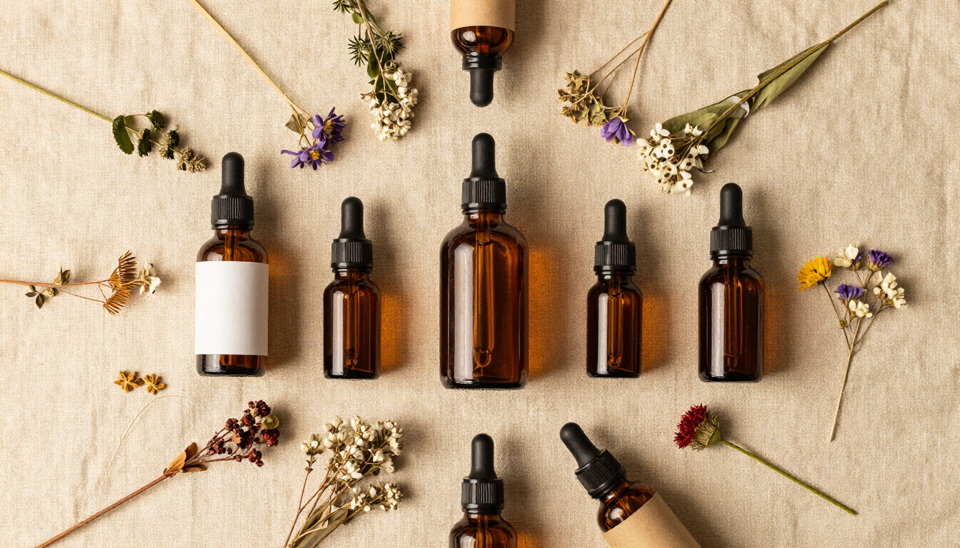Holistic and botanical products from Butterfly Botanicals in Sioux Falls, South Dakota – amber bottles, dried herbs, and natural supplements on a linen surface.