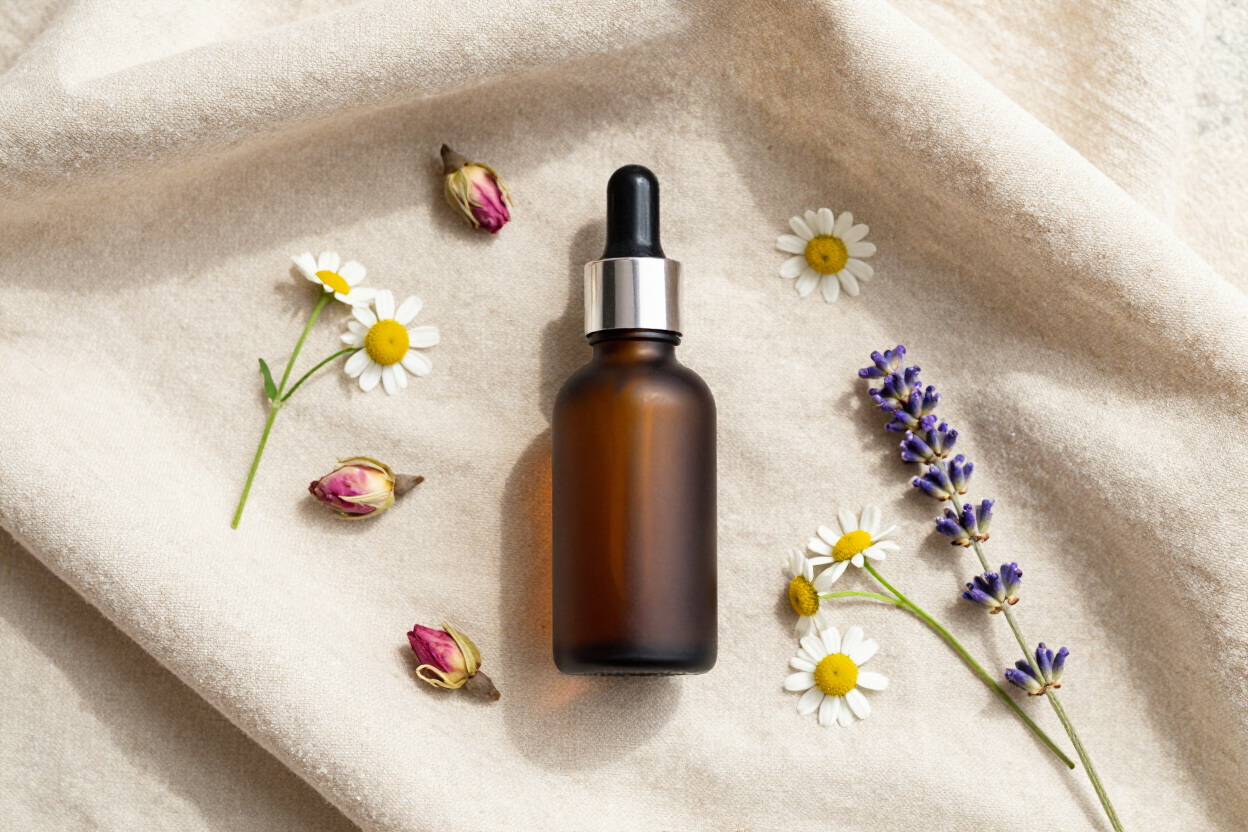 Botanical face serum bottle with rosehip and chamomile from Butterfly Botanicals in Sioux Falls SD.