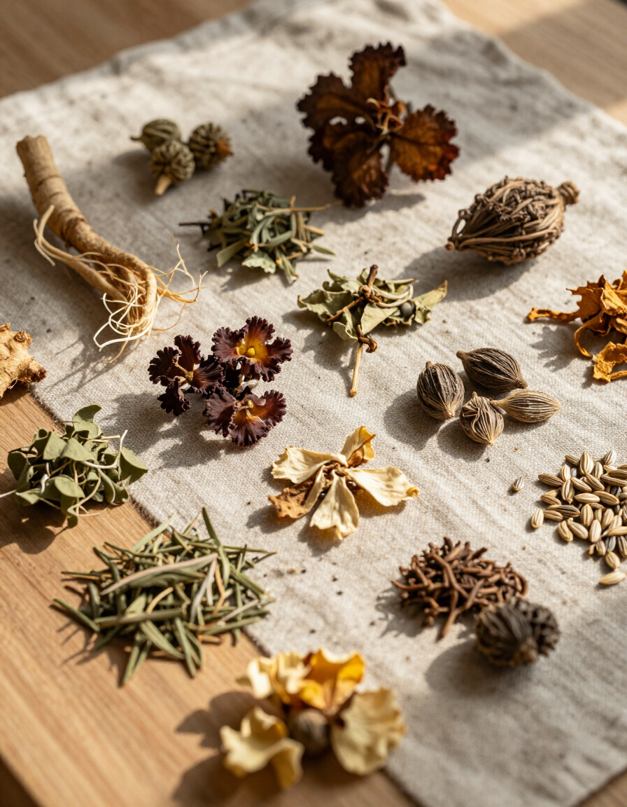 Botanical supplement ingredients for natural wellness including dried herbs and plant roots.