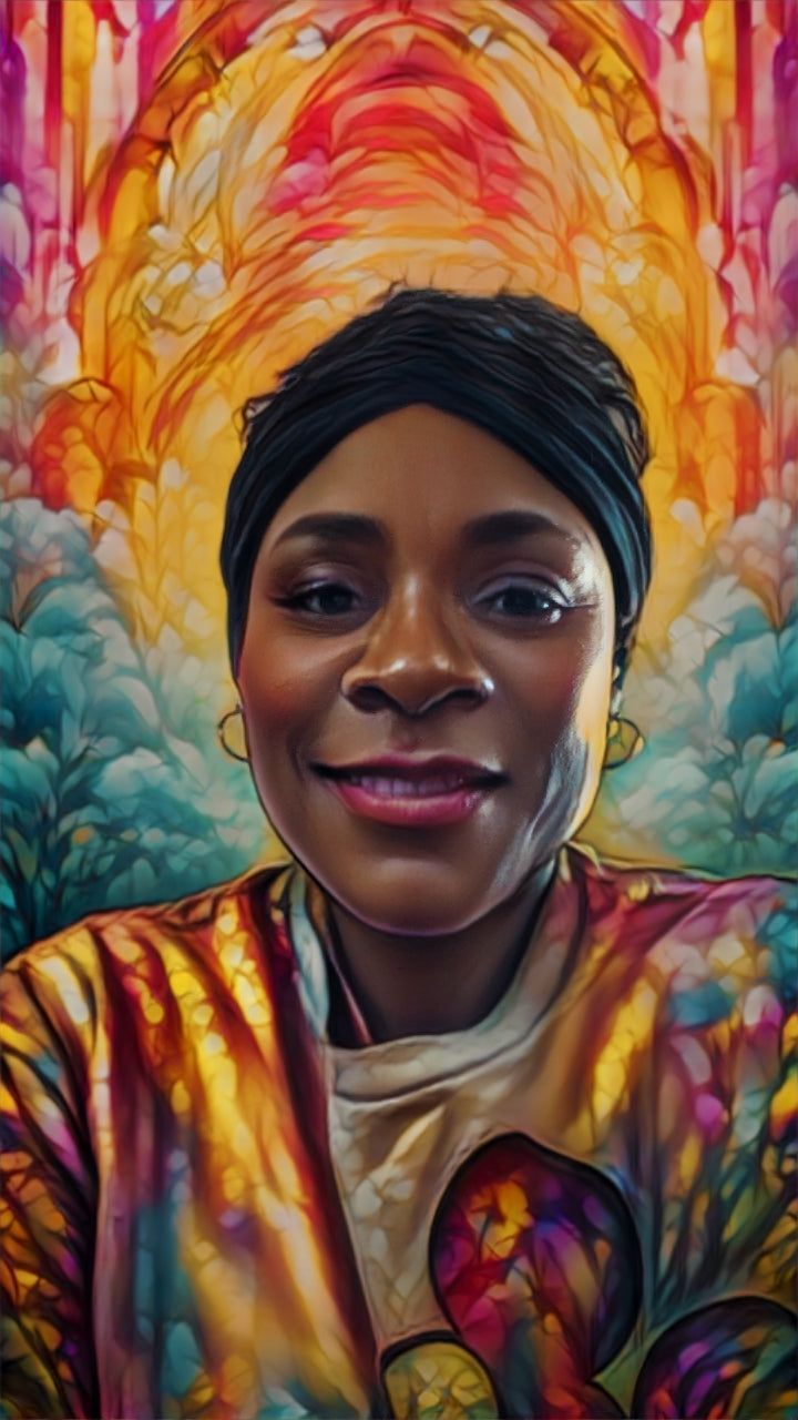 A colorful portrait of a smiling person with an abstract orange and yellow background.