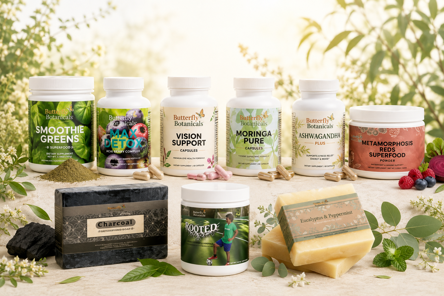 Holistic and botanical products from Butterfly Botanicals in Sioux Falls, South Dakota – amber bottles, dried herbs, and natural supplements on a linen surface.