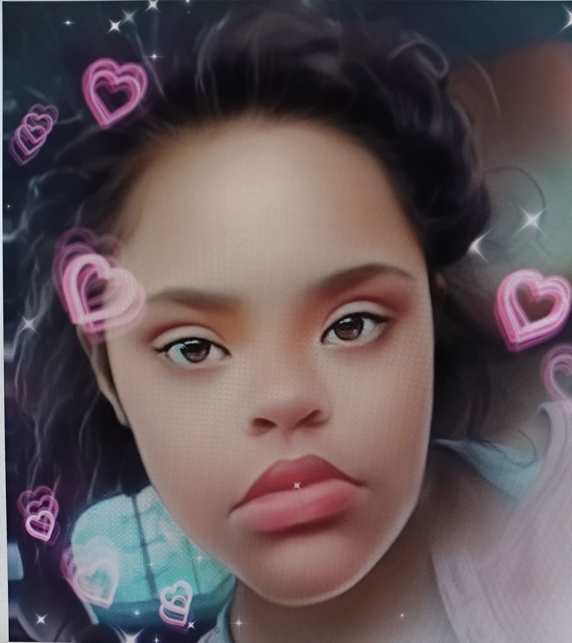 Portrait of a person with pink heart stickers and a soft filter effect