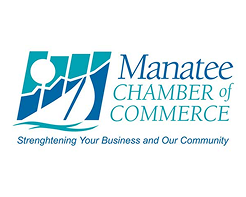 Manatee Chamber of Commerce logo with blue and white sailboat graphic and text,