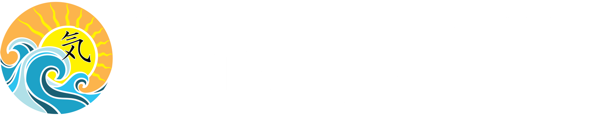 Logo with sun, waves, and Asian writing.