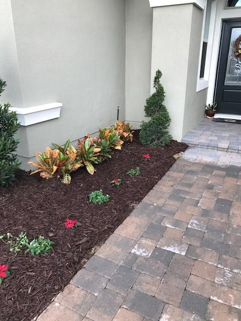Landscaped bed with colorful plants next to a brick walkway and a light-colored building.