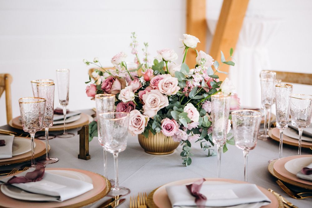 Amazing Wedding Table Decoration With Flowers on Wooden Table — Event Hire in Albury, NSW
