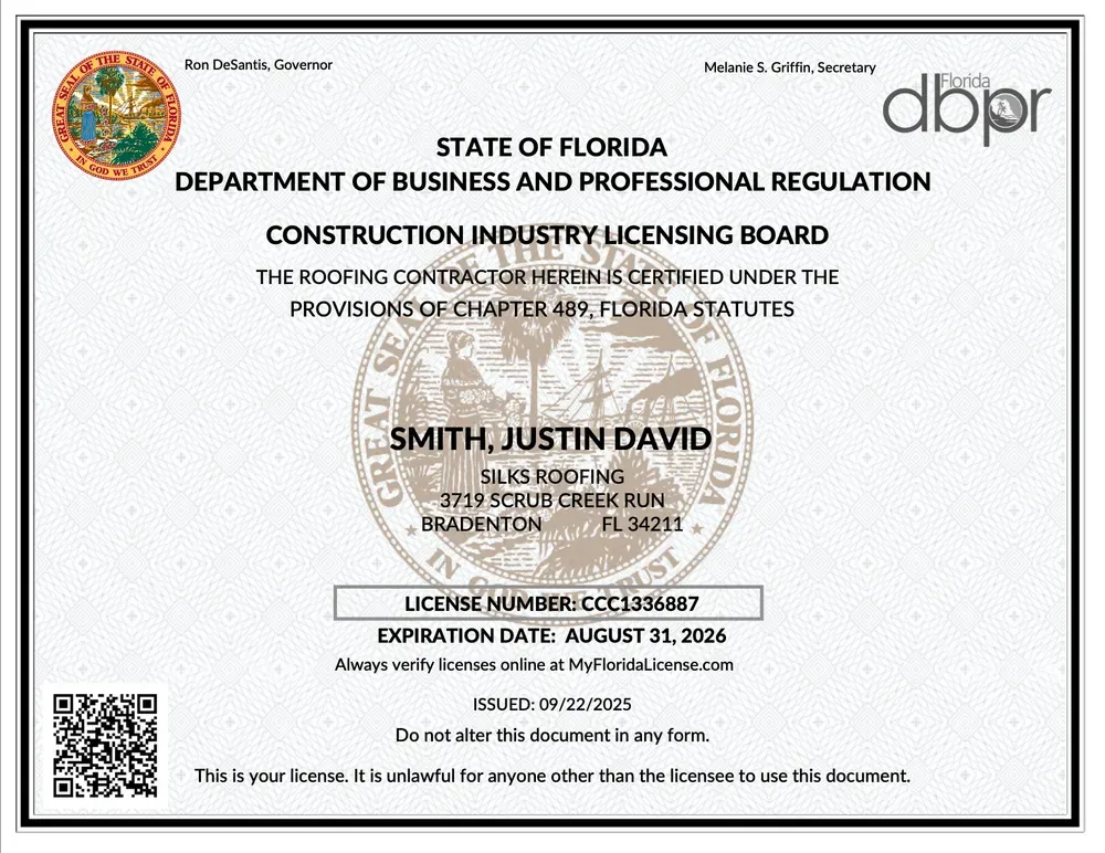 Florida DBPR construction industry license board certificate for Smith, Justin David with seal and text