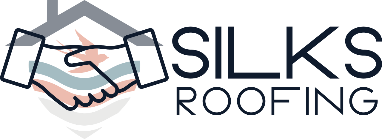 Silks Roofing logo with handshake icon and navy text on a white background