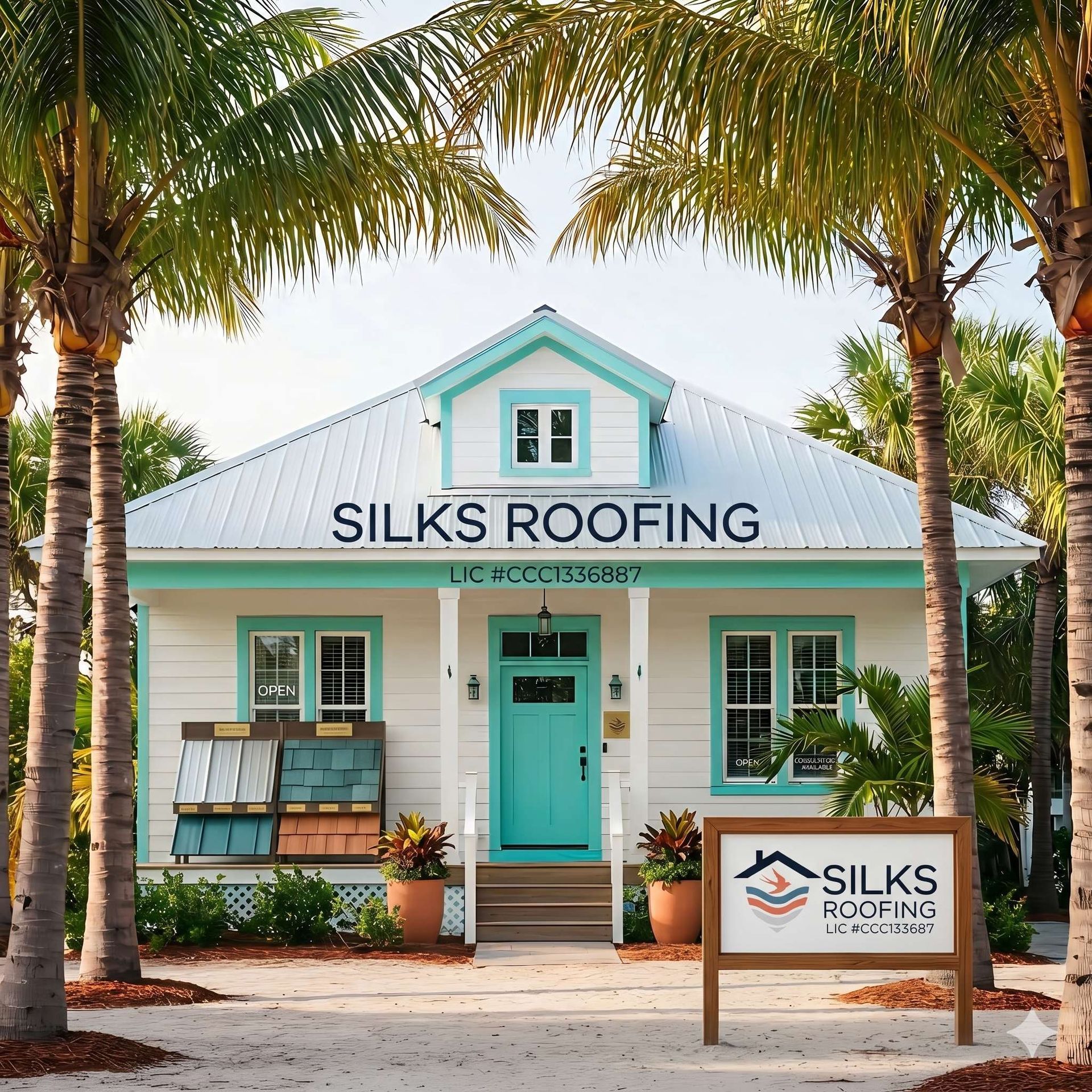 Turquoise SILKS ROOFING office with palm trees and a white sign in front