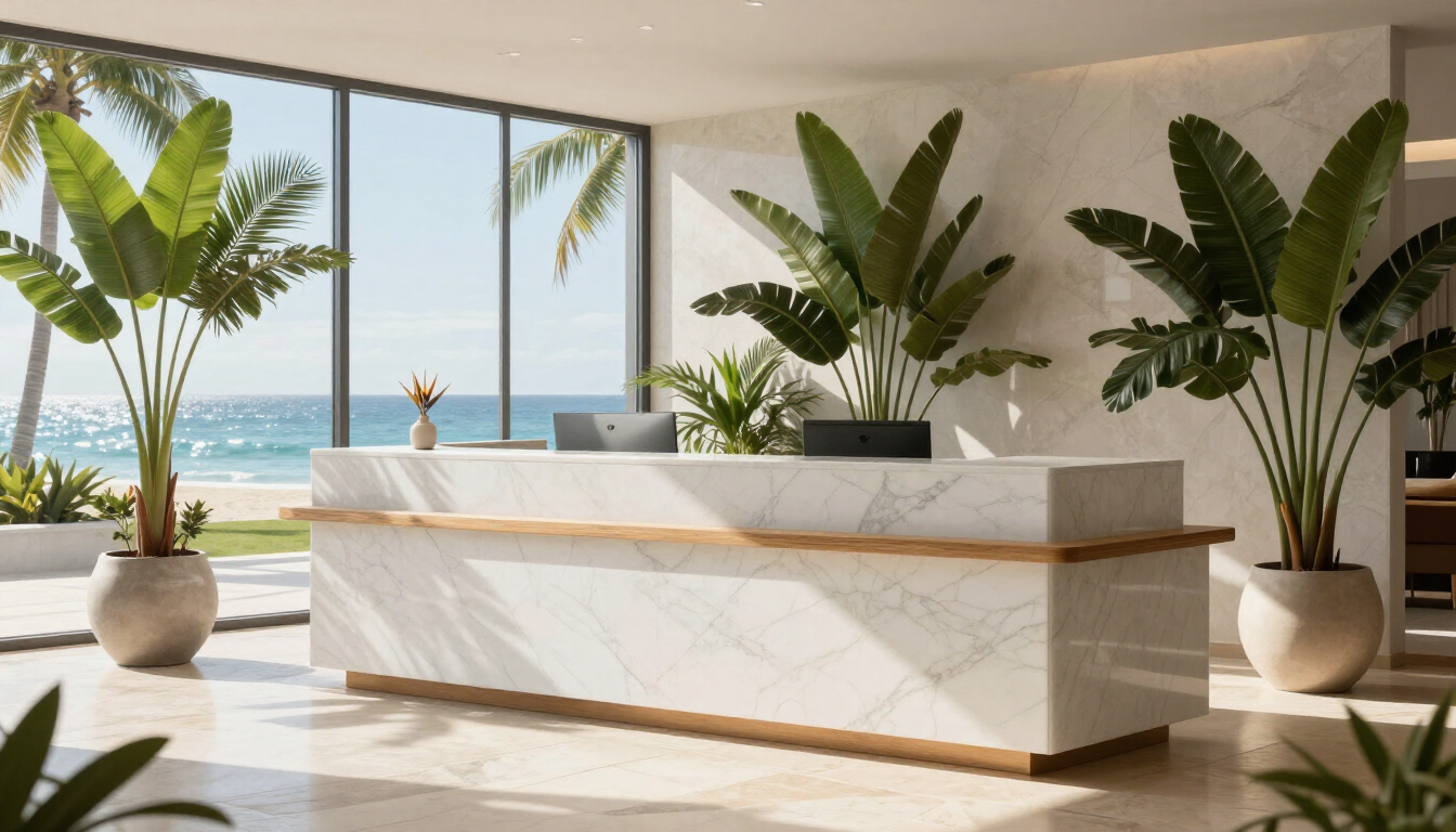 Bright modern lobby with white marble desk, potted palms, and ocean view through large windows
