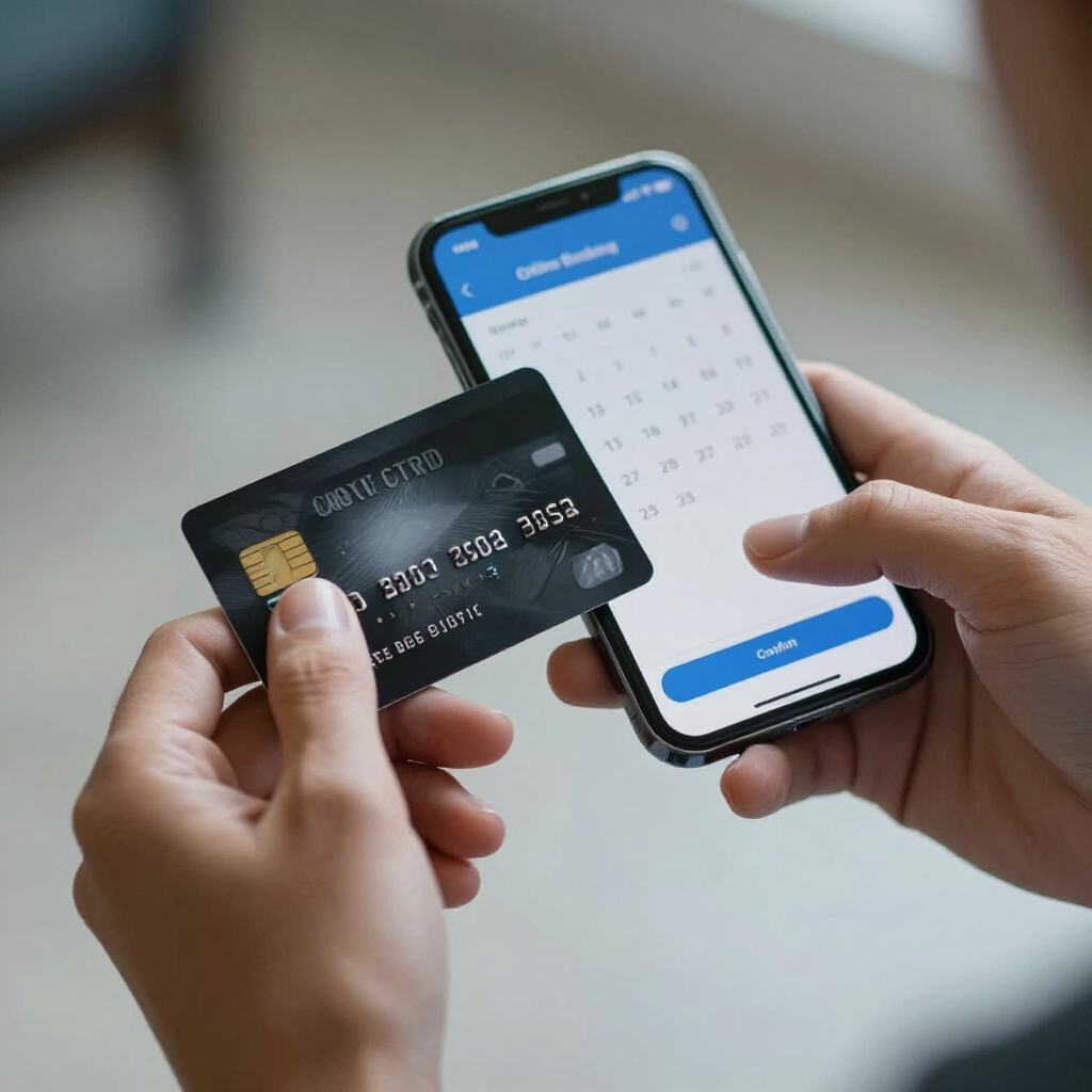 Hands holding a black bank card and a smartphone showing a calendar app.