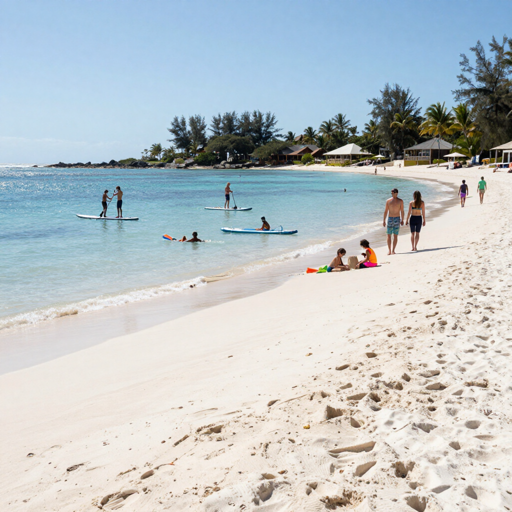 Sunny beach with swimmers in turquoise water and people relaxing on white sand near palm trees
