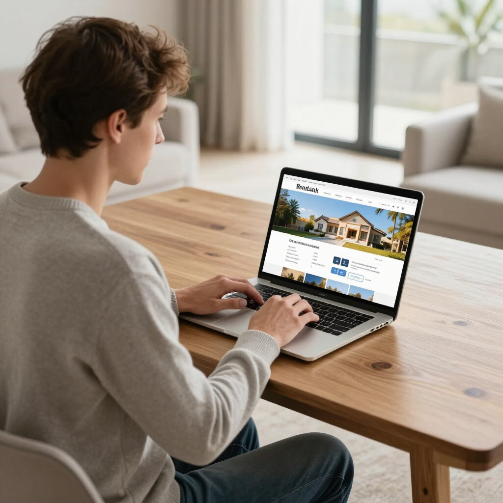 Person using a laptop at a wooden table in a bright living room, viewing a house listing webpage