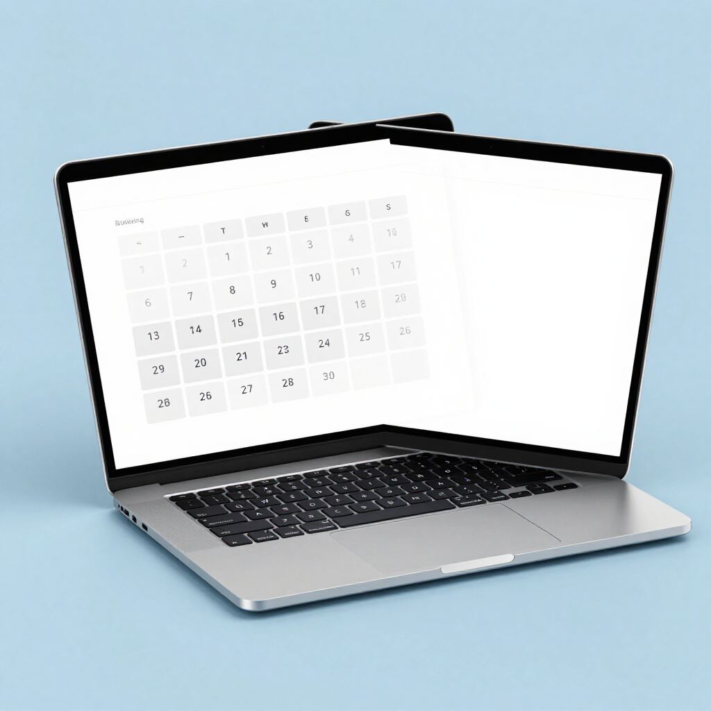 Silver laptop displaying a calendar on a white screen against a light blue background