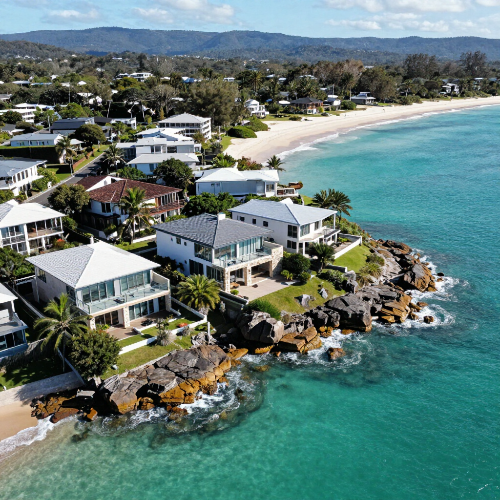 Aerial view of coastal homes beside a turquoise ocean and sandy beach, with rocky shoreline and hills in the distance
