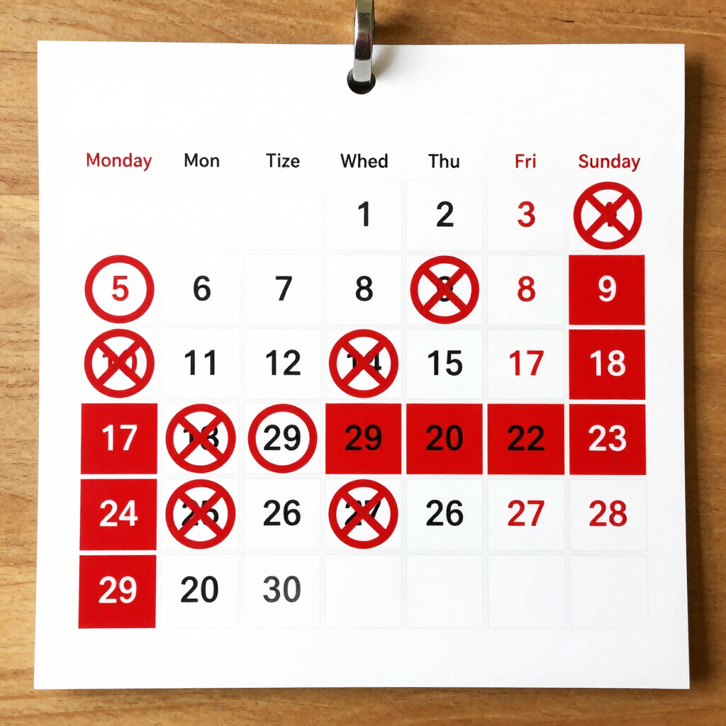 Red-marked monthly calendar with several dates crossed out and circled in red.