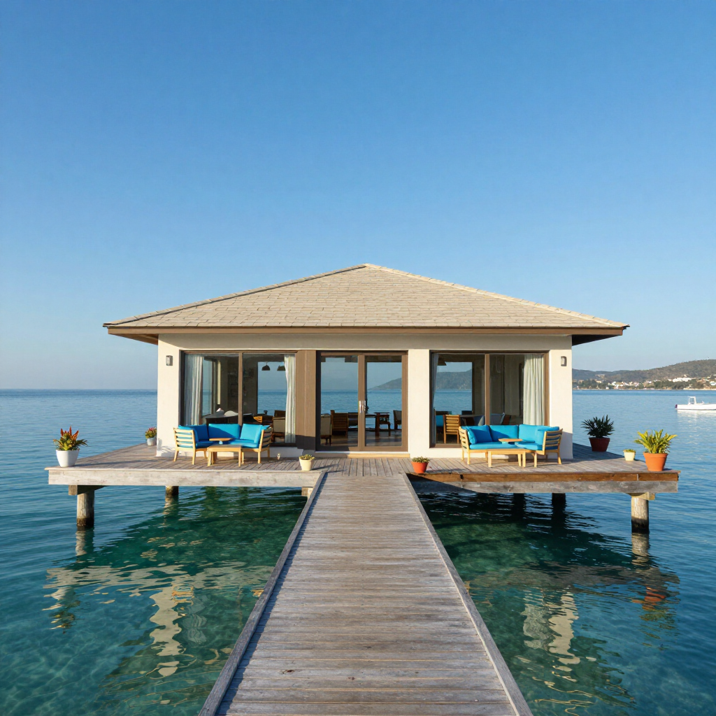 Waterfront bungalow with a wooden pier over clear blue water and lounge chairs on the deck