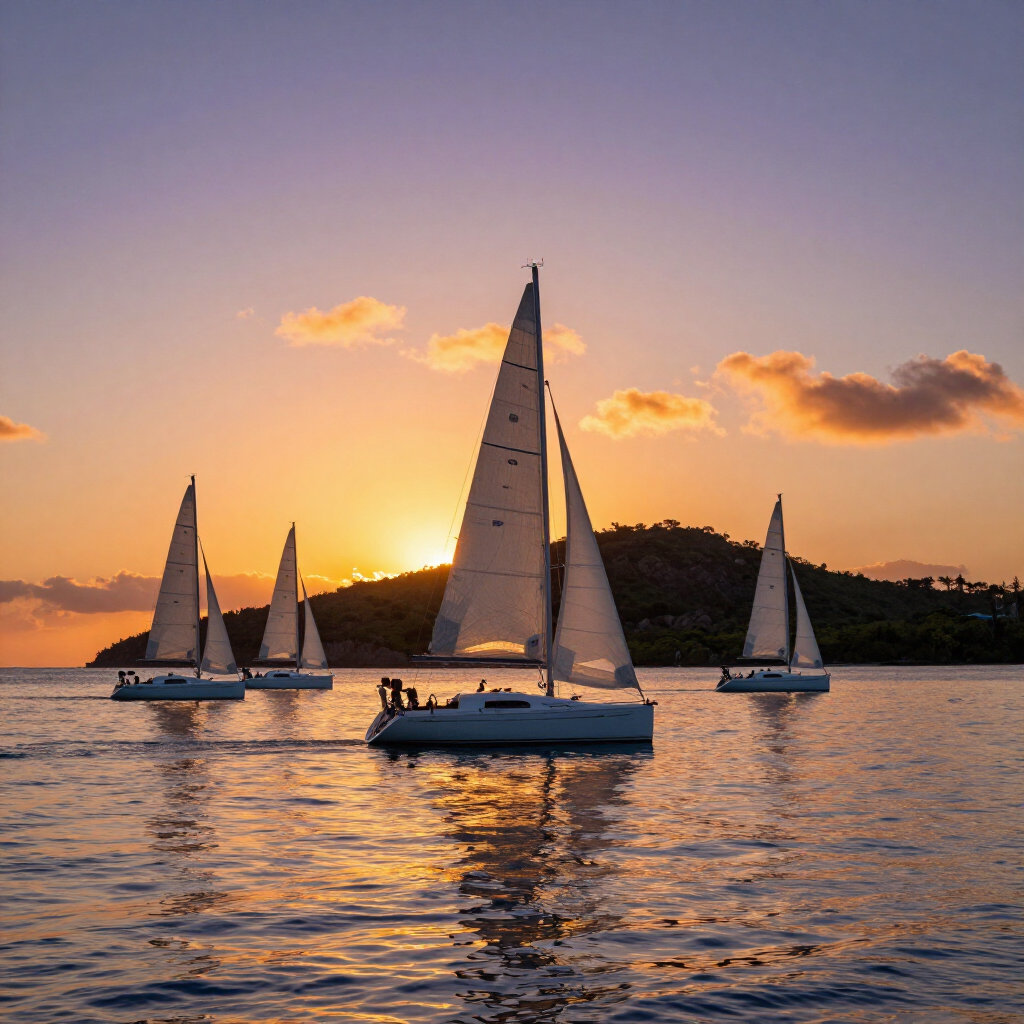 Sailboats on calm water at sunset, with orange sky and silhouetted shoreline in the background