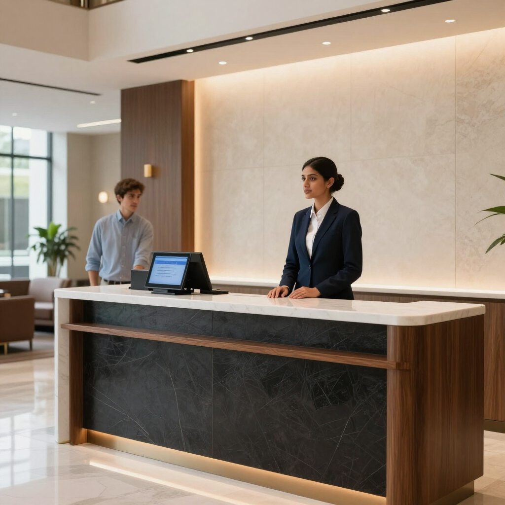 Modern hotel lobby reception desk with two staff members and a laptop on the counter