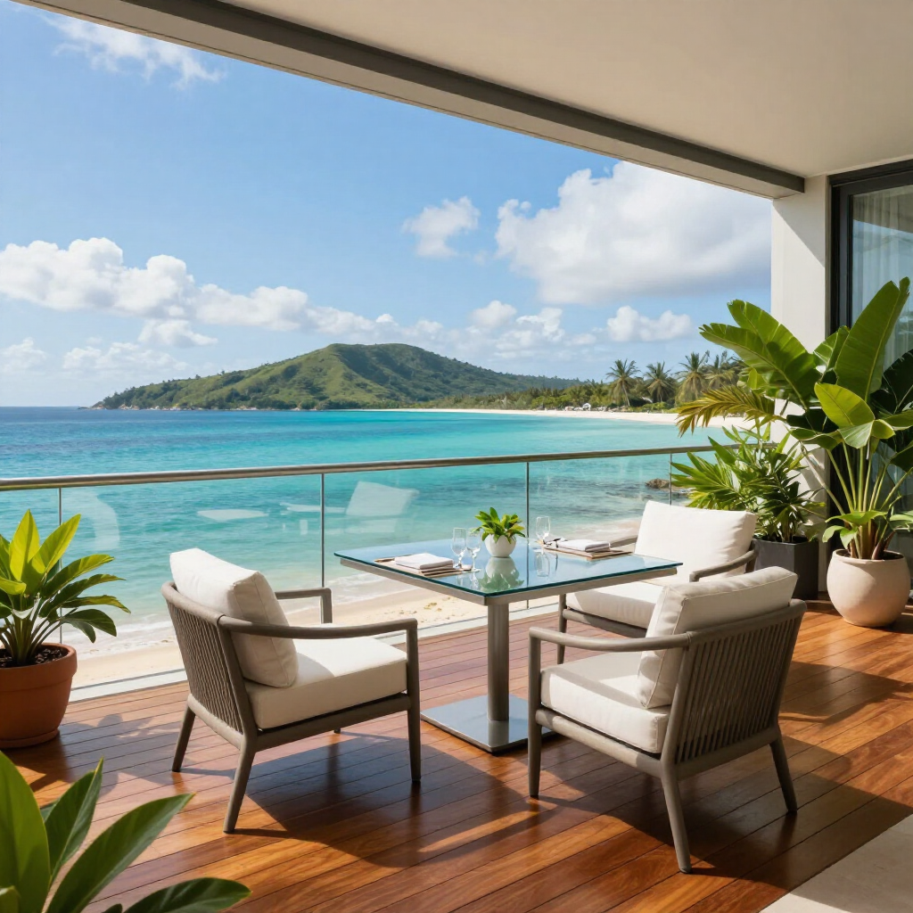 Balcony with wicker chairs and table overlooking a turquoise ocean and green island