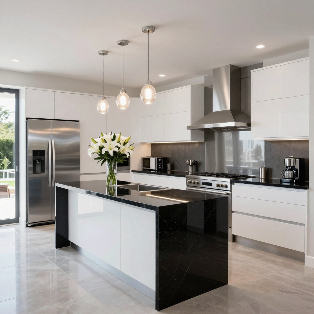 Modern white kitchen with black island, stainless steel appliances, and pendant lights