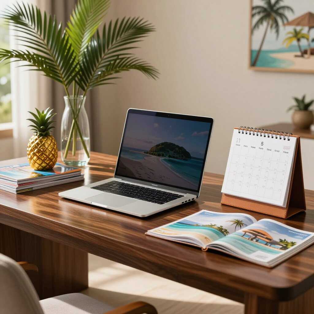 Home desk with laptop, calendar, open book, pineapple, and palm plant by a window
