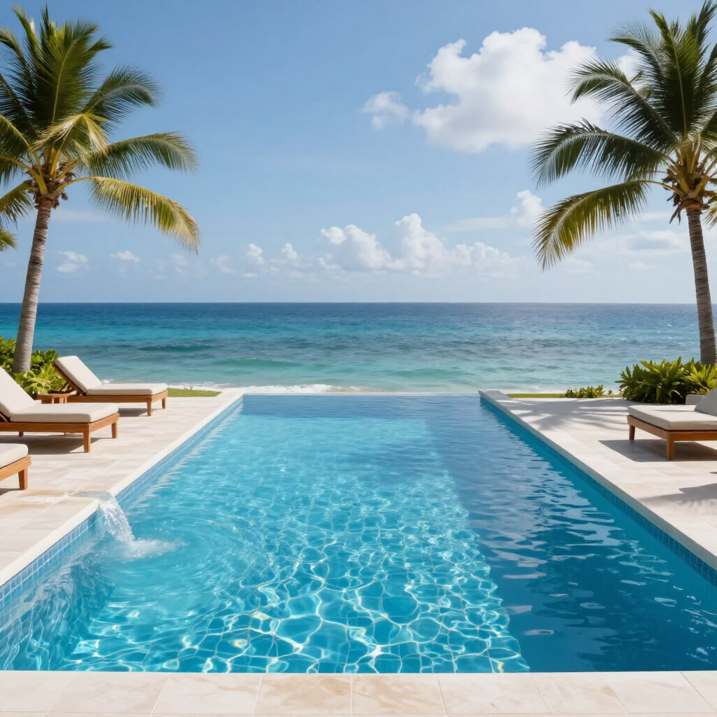Tropical resort infinity pool with palm trees overlooking a bright blue ocean