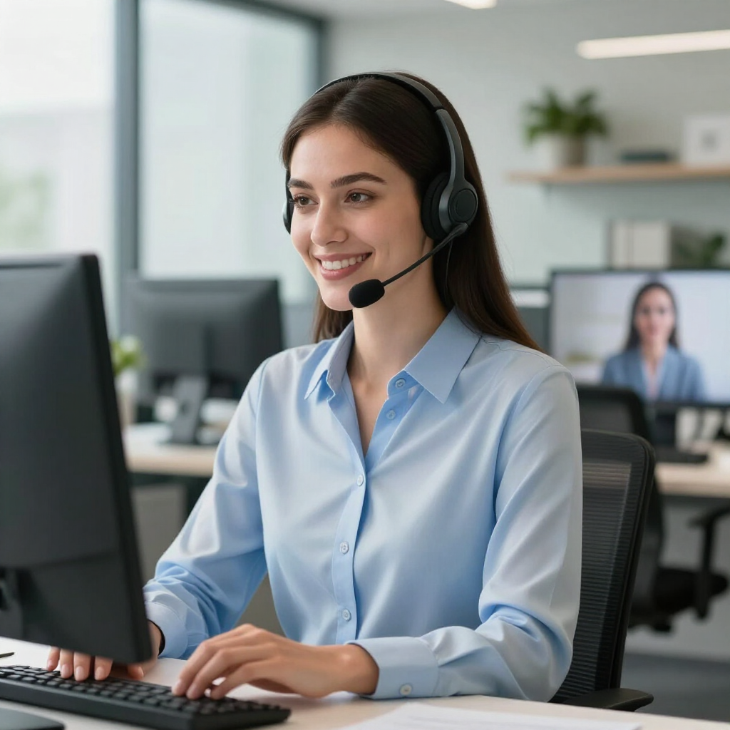 Customer support agent wearing a headset at a computer in an office, smiling while typing.