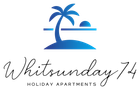 Blue palm tree and sun logo above the text “Whitsunday74 Holiday Apartments”