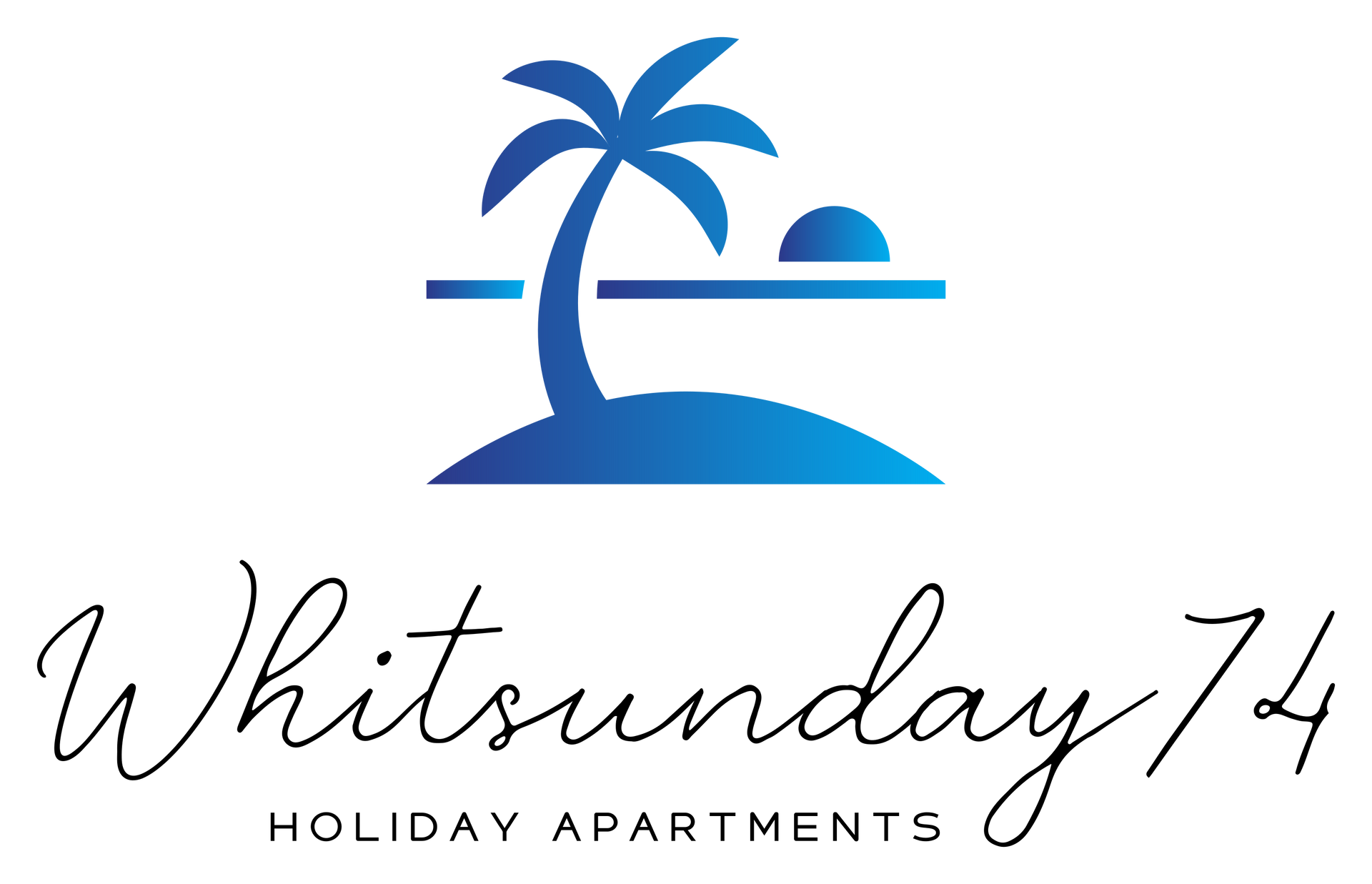 Blue palm tree and sun logo above the text “Whitsunday74 Holiday Apartments”