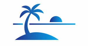 Blue palm tree and sun over a curved island horizon, stylized tropical logo.