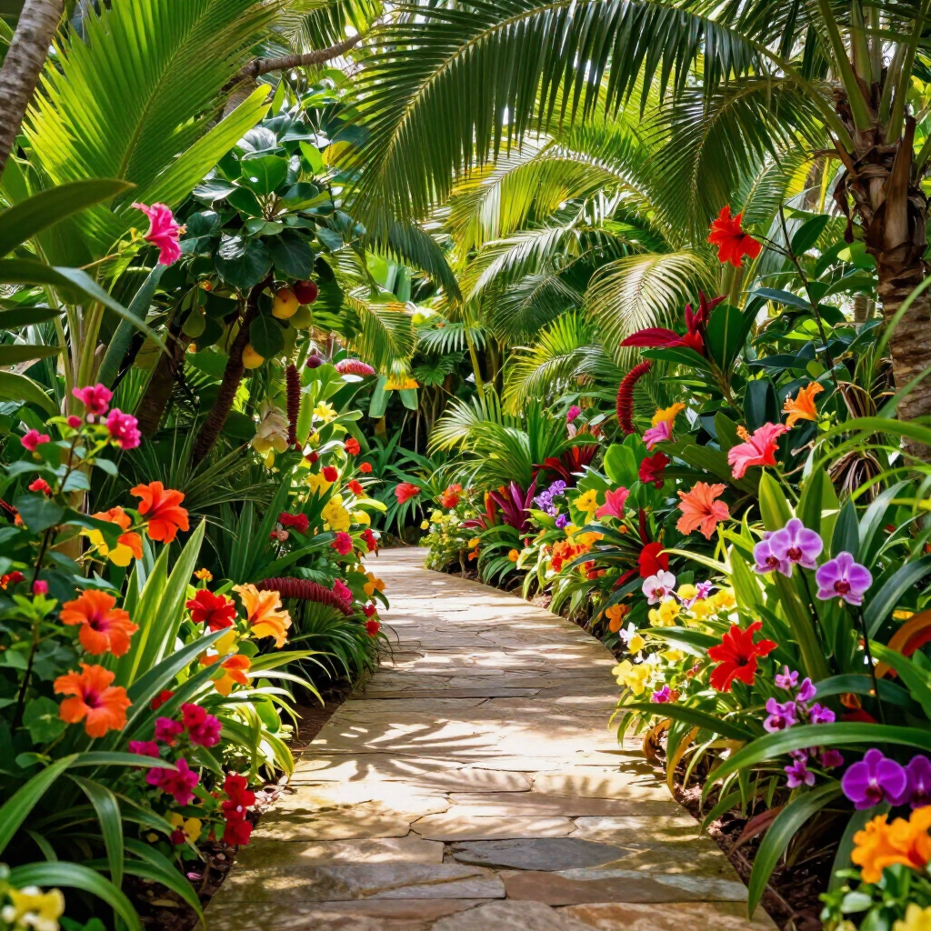 Tropical garden path lined with vibrant pink, red, orange, and purple flowers under palm trees