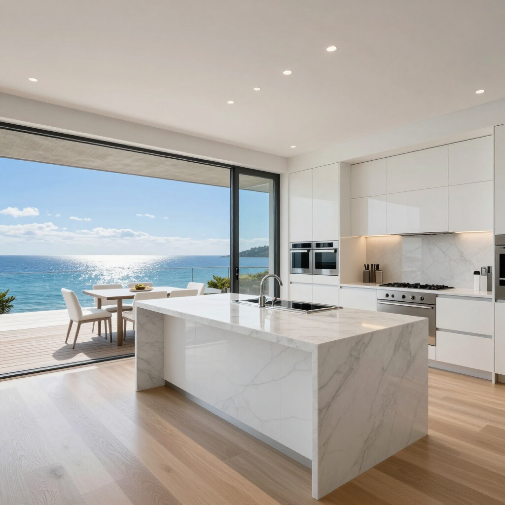 Modern white kitchen with marble island opening to a sunlit ocean-view patio