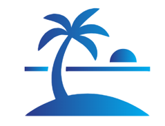 Blue palm tree and island silhouette with a sun over the horizon and waterline