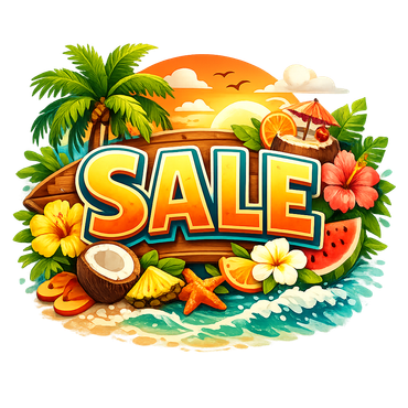 Colorful tropical sale banner with bold “SALE” text, flowers, palm trees, fruit, and a beach sunset