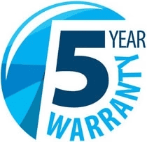 A blue and white logo that says 5 year warranty