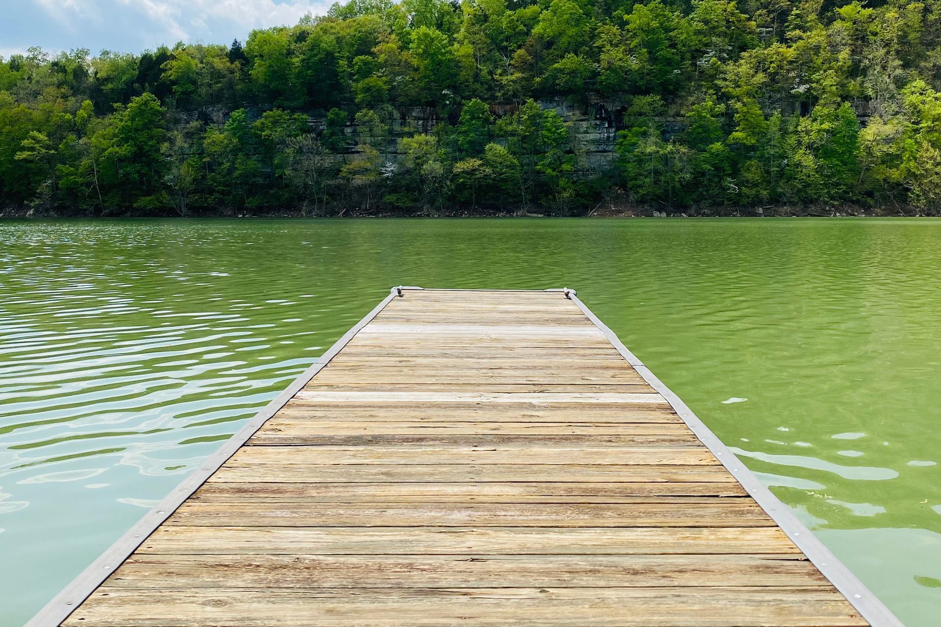 Wooden dock extends into green water with a forested bank under a blue sky.